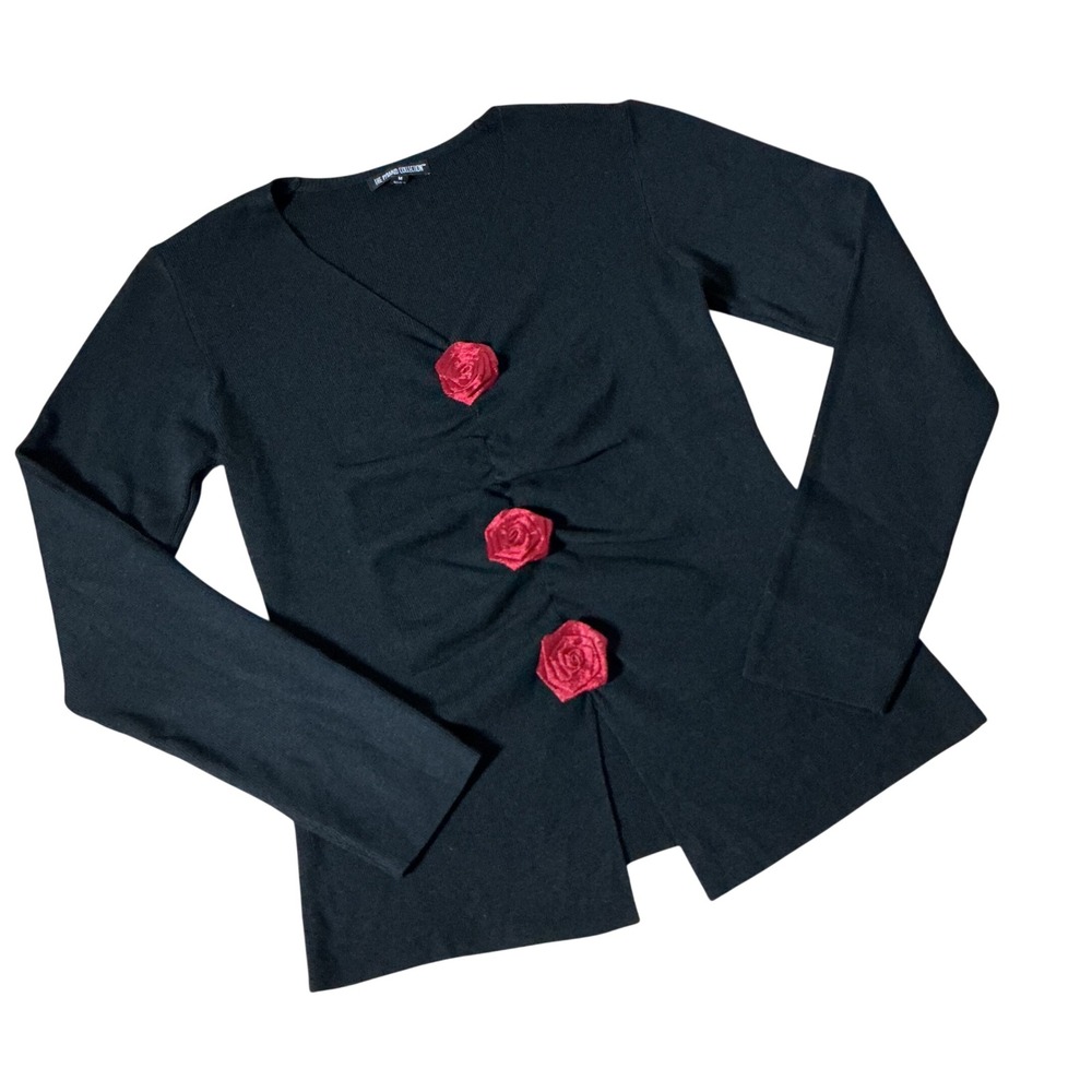 The Pyramid Collection Rosette Ruched Sweater Womens M Black Gothic Floral Top